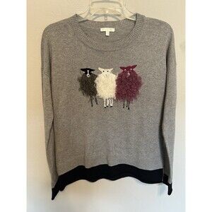 Lisa Todd Grey Fuzzy Sheep Adorned Sweater Size XS Cotton& Cashmere Unique